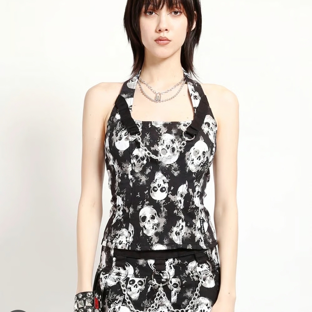 NEW Tripp NYC Black and White Shadow Skull Corset Chain Tank Top